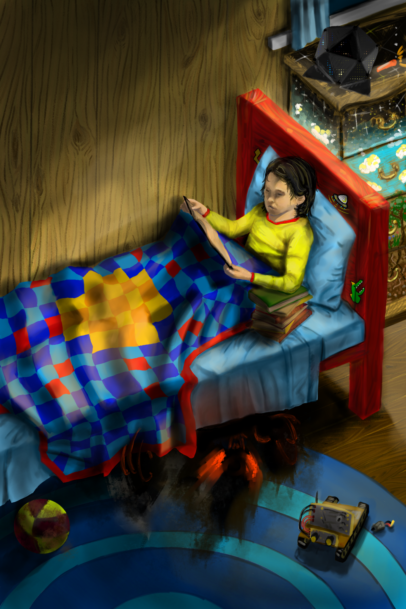 A boy sits on his bed reading, while a shadow monster appears underneath the bed frame.